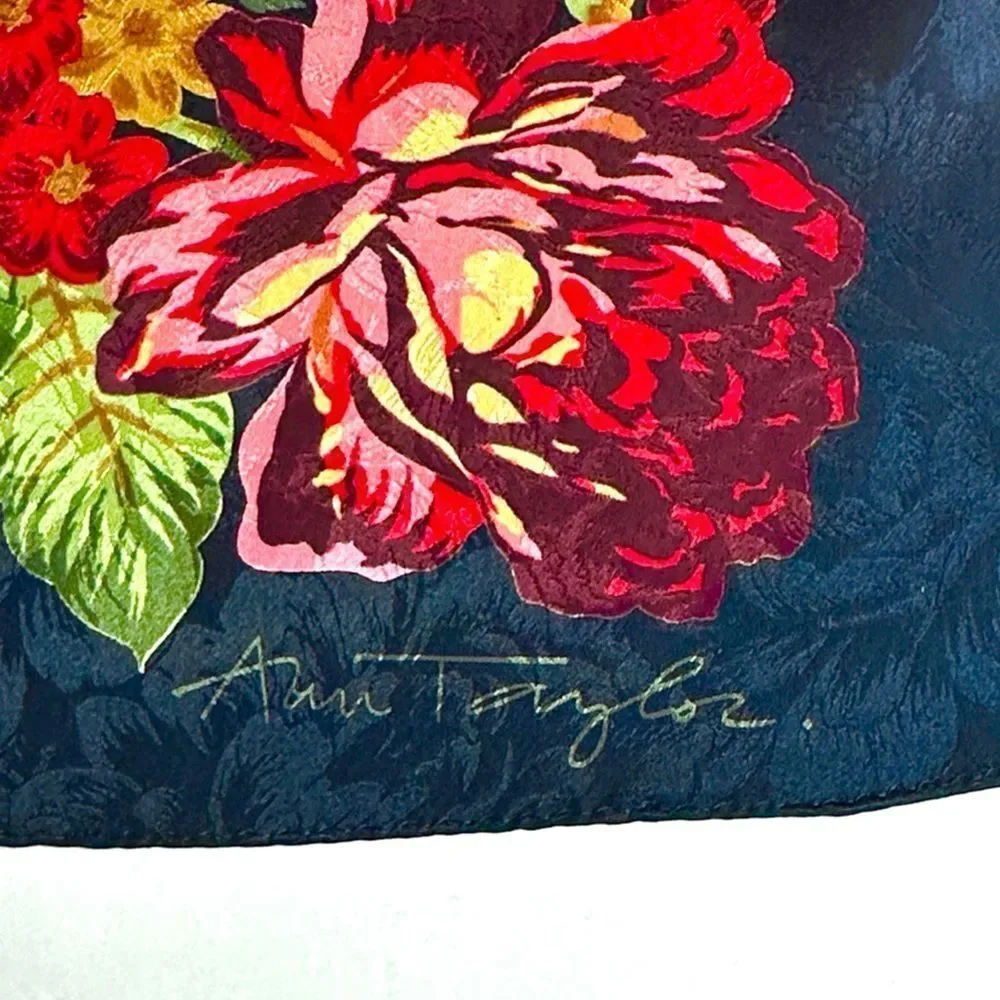 Ann Taylor Silk Oblong Scarf Large Black Jacquard Floral Print 18x70